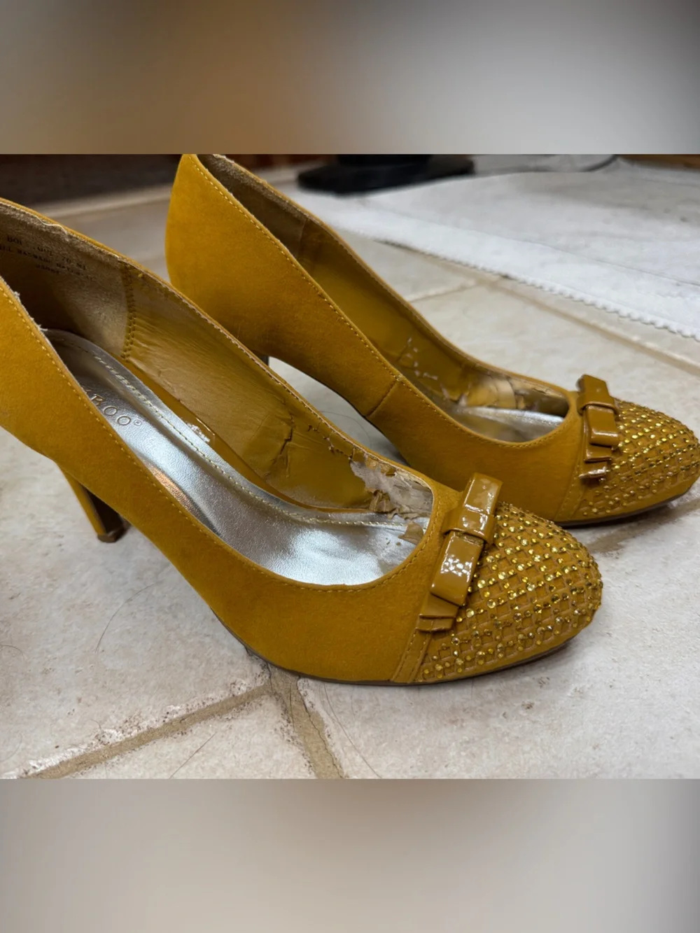 BAMBOO Mustard Yellow Embellished Bow Pointed Toe Heels